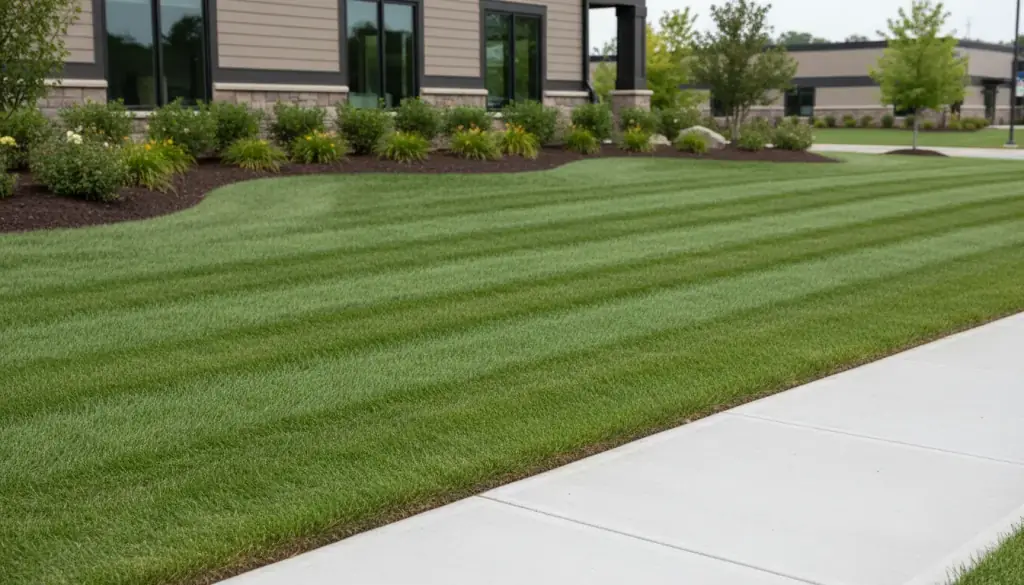 A freshly mown striped lawn with a crisply edged walkway and a mulched planting bed against a building