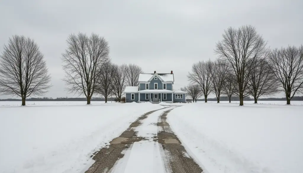 A northern Ohio farmhouse in winter with a plowed drive running to the porch and snow across the lawn